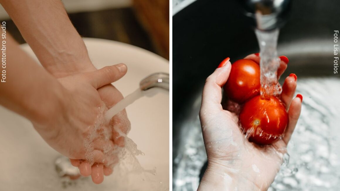 Lavar as mãos e os alimentos são medidas básicas de segurança alimentar, como mostra a imagem.
