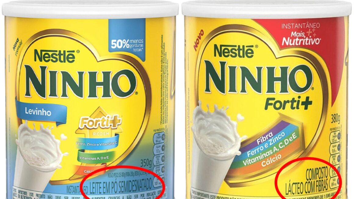 Duas latas de leite em pó, mostrando a diferença entre o produto original e o modificado.