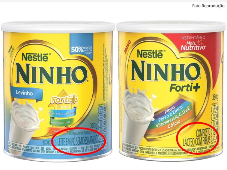 Duas latas de leite em pó, mostrando a diferença entre o produto original e o modificado.