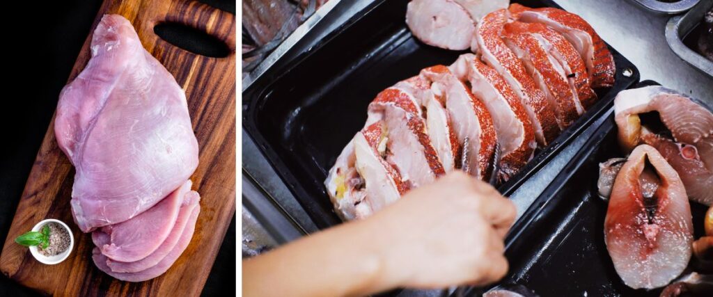 Imagem de carnes de frango e peixe sendo preparadas para o cozimento. Respeitar o tempo de exposição ao fogo evita a contaminação cruzada