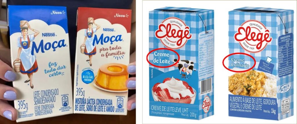 Embalagens de produtos lácteos originais e modificados, uma de leite condensado e uma de creme de leite.