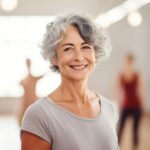 Mulher de cabelos grisalhos sorrindo após uma aula de ginástica ou de dança na academia