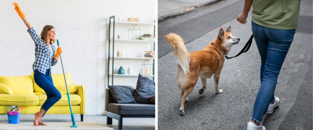 Imagem 1. Mulher jovem sorrindo ao caminhar e dançar na sala de estar com equipamentos de limpeza. 
Imagem 2. Close por trás das pernas de uma mulher a caminhar com seu cachorro na rua