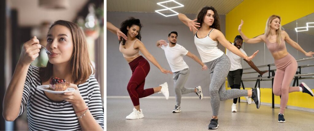 Imagem 1 mostra mulher jovem branca comendo um pedaço de bolo de chocolate; e imagem 2 exibe homens e mulheres jovens participando de uma aula de dança