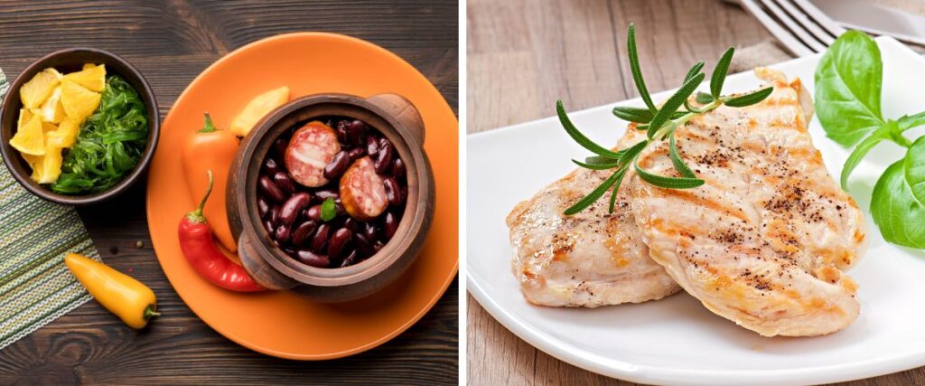 Imagens de uma feijoada e dois filés de frango grelhados