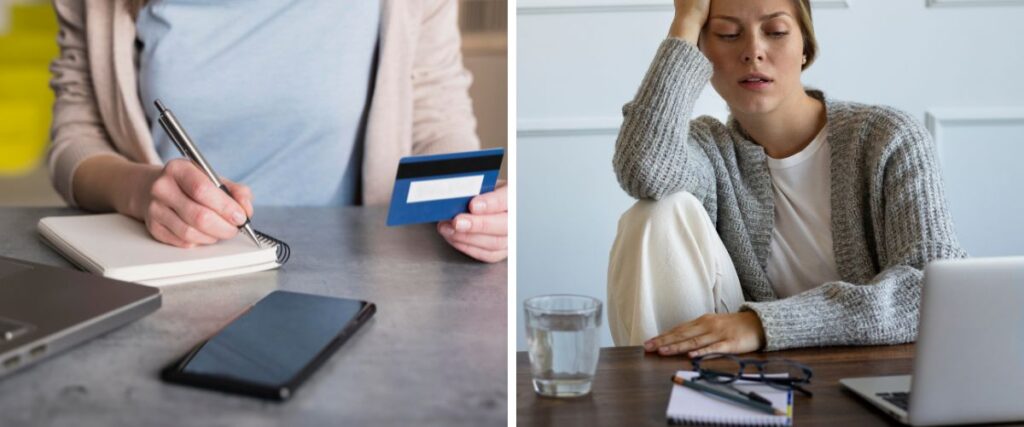 Imagens de duas mulheres: uma segurando o cartão de crédito e fazendo anotações de controle financeiro; e outra aparentemente estressada com as dívidas sentada diante do computador.