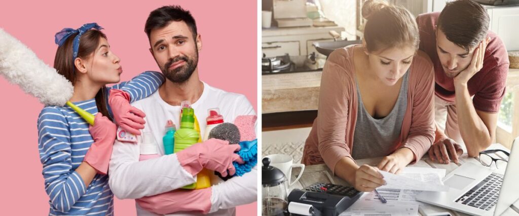 Imagem de um casal com produtos de limpeza na mão, em que o homem não parece muito feliz; e de outro casal na mesa da cozinha analisando as contas
