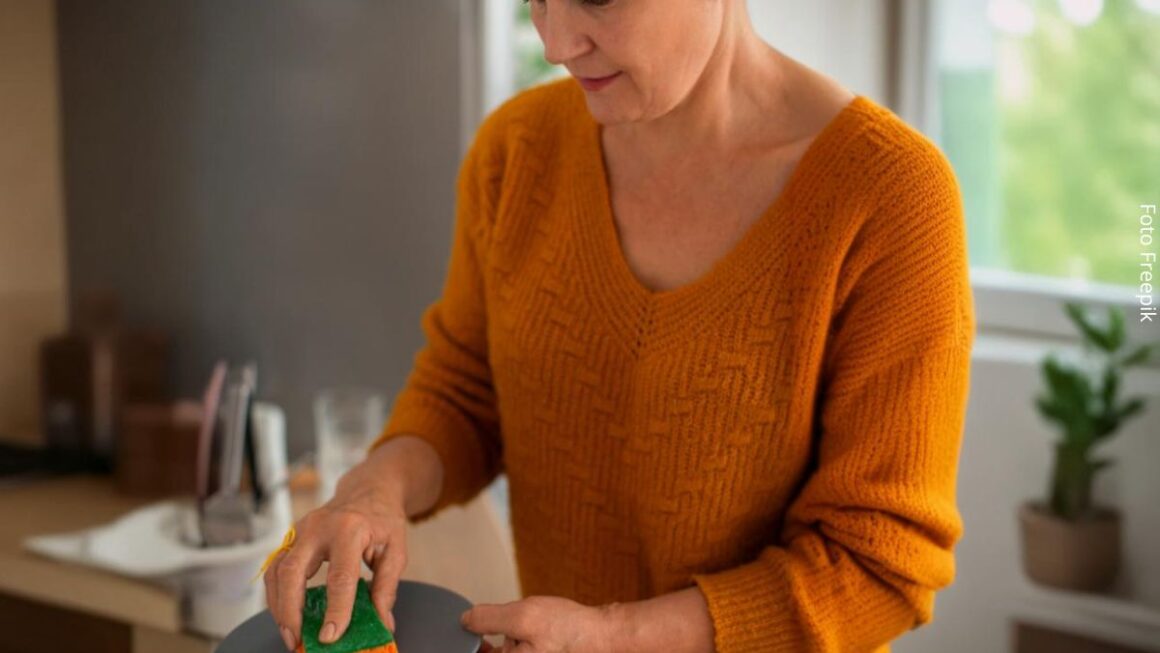 Imagem de uma mulher madura lavando a louça com uma esponja em bom estado de uso, garantindo a segurança alimentar e a higiene da cozinha