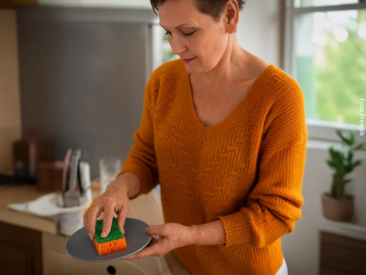 Imagem de uma mulher madura lavando a louça com uma esponja em bom estado de uso, garantindo a segurança alimentar e a higiene da cozinha