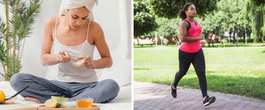Duas imagens de mulheres, a primeira, branca, sentada na cama comendo coisas saudáveis depois de lavar o cabelo; e a segunda, negra, se exercitando correndo na pista de um parque