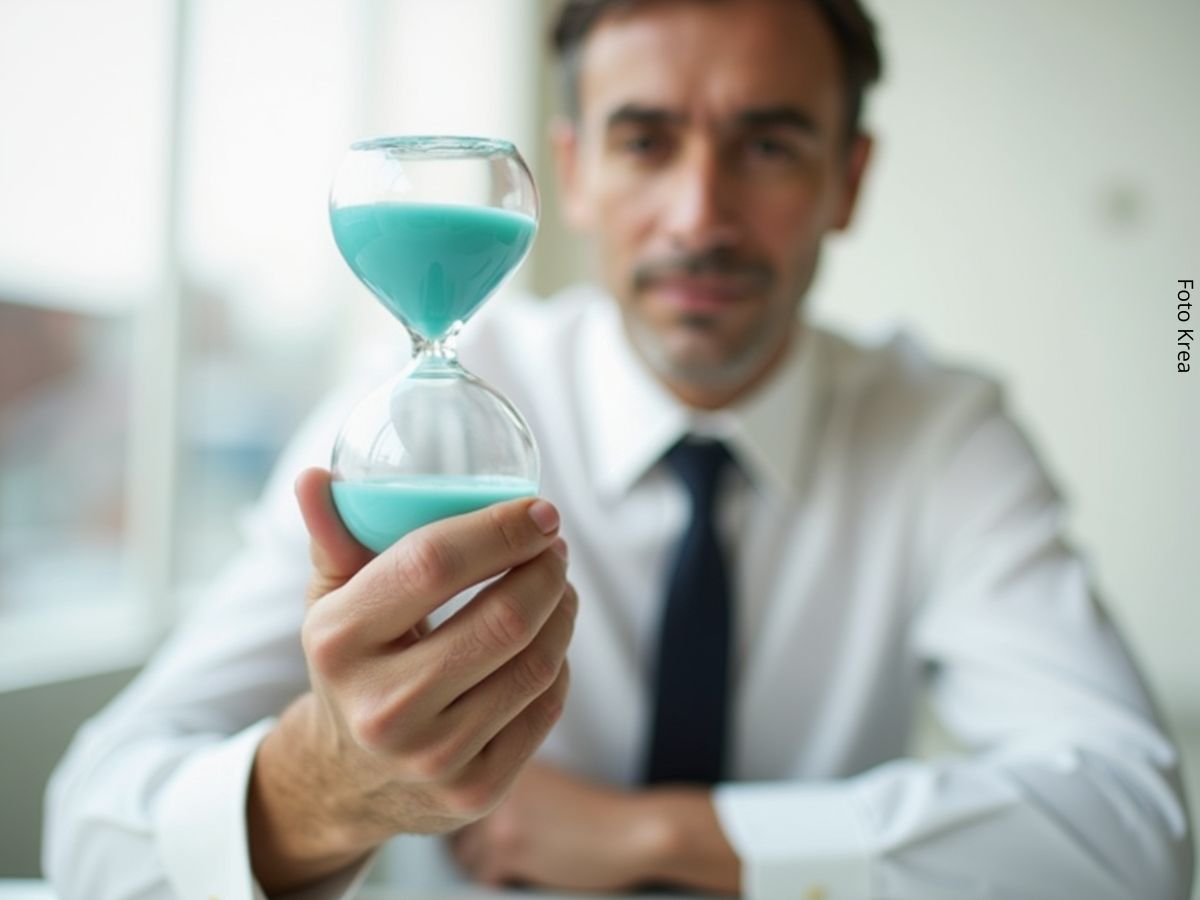 Imagem de homem de terno segurando uma ampulheta, sugerindo as escolhas da vida: mais tempo ou mais dinheiro.