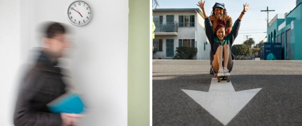 Imagem de dois homens: o primeiro andando com pressa pressionado pela hora do relógio na parede; e o segundo empurrando a filha sentada num skate.