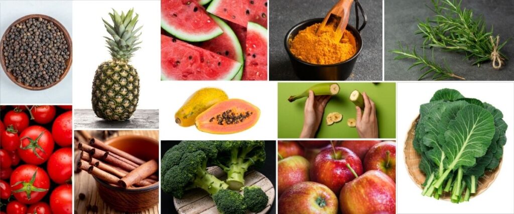 Imagens das frutas mamão, abacaxi, melancia, banana-verde, tomate; dos vegetais brócolis, alecrim e couve; e de anela e cúrcuma em pó.