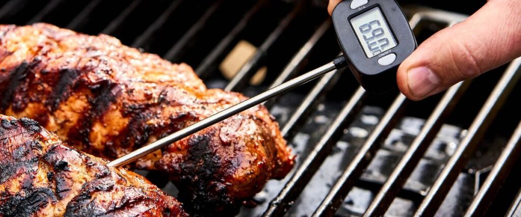 Imagem de uma pessoa medindo a temperatura da carne na churrasqueira