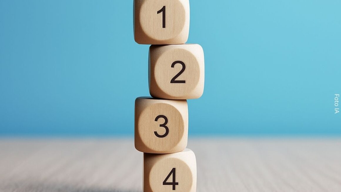 Imagem de quatro dados numerados de um a quatro empilhados sobre a mesa, como conceito de finanças equilibradas