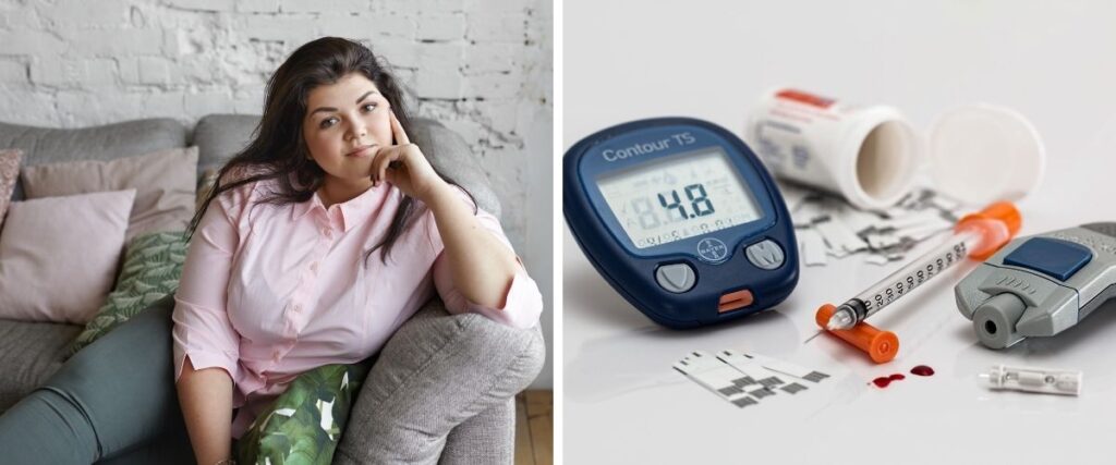 Imagens de uma mulher jovem acima do peso sentada no sofá com ar desanimada e de e de remédios e aparelhos de medição de glicose. 