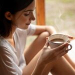 Imagem de uma mulher jovem sentada no chão relaxada, segurando uma xícara de café, sugerindo presença.