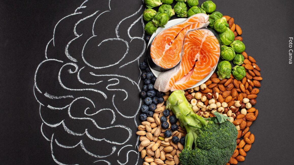 Imagem de um desenho do cérebro, com metade dele preenchido com alimentos que compõem uma dieta rica em nutrientes para a memória