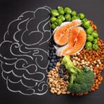 Imagem de um desenho do cérebro, com metade dele preenchido com alimentos que compõem uma dieta rica em nutrientes para a memória