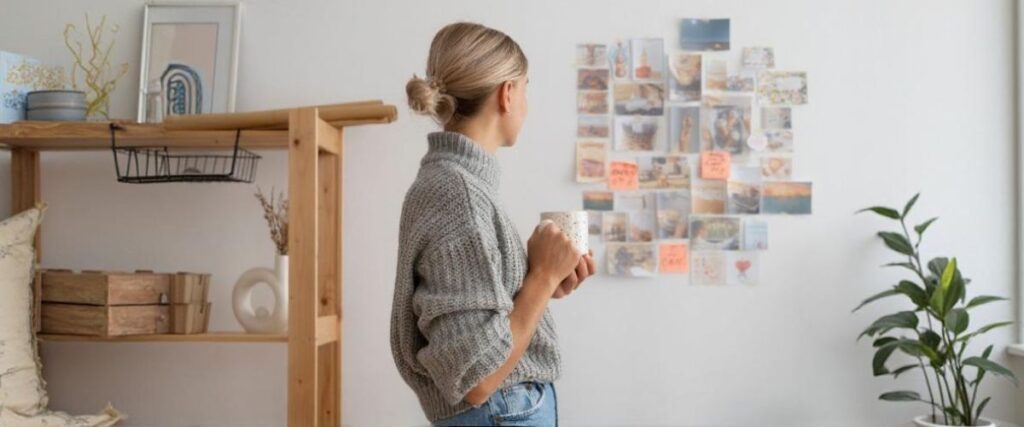 Imagem de uma mulher de costas olhando para um quadro de fotos preso na parede