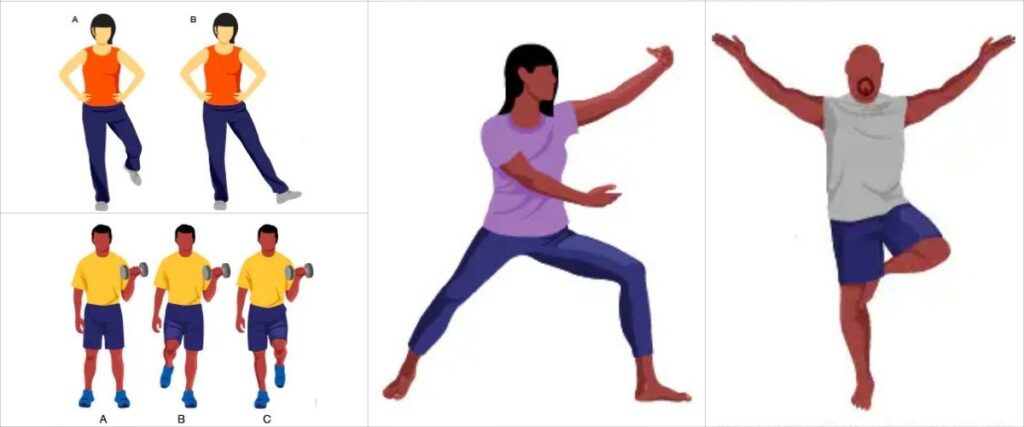 Imagens ilustrativas de exercícios de equilíbrio.